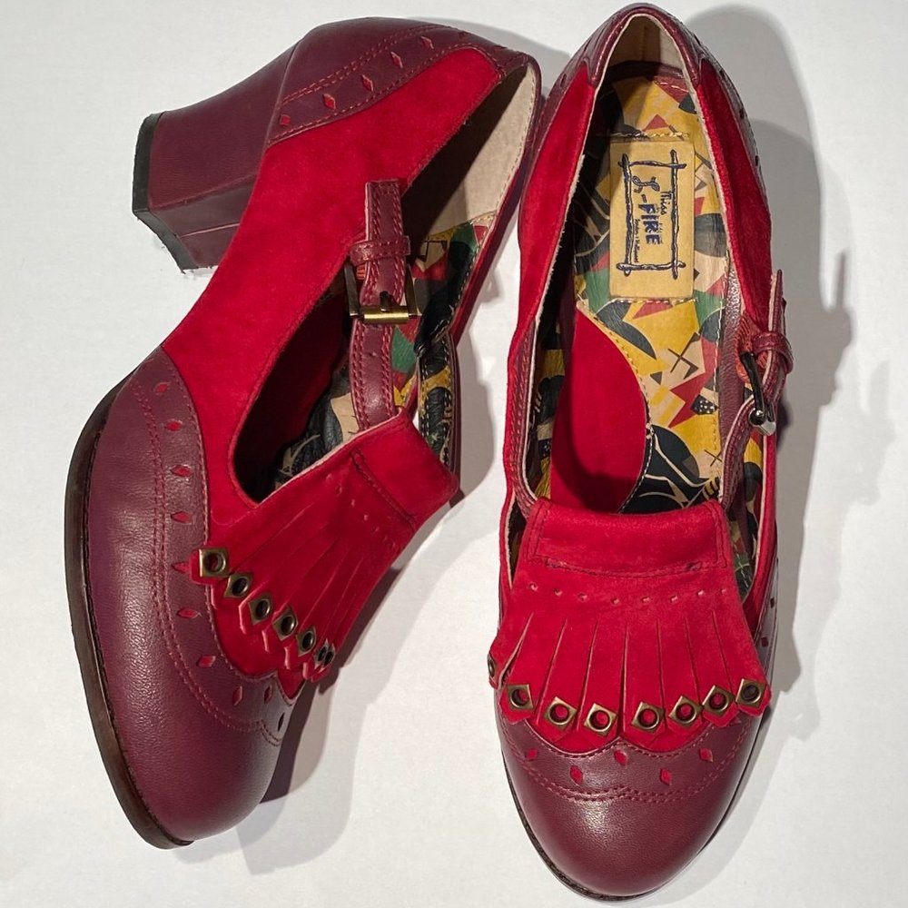 Miss L Fire Red and Burgundy Fringe Heels